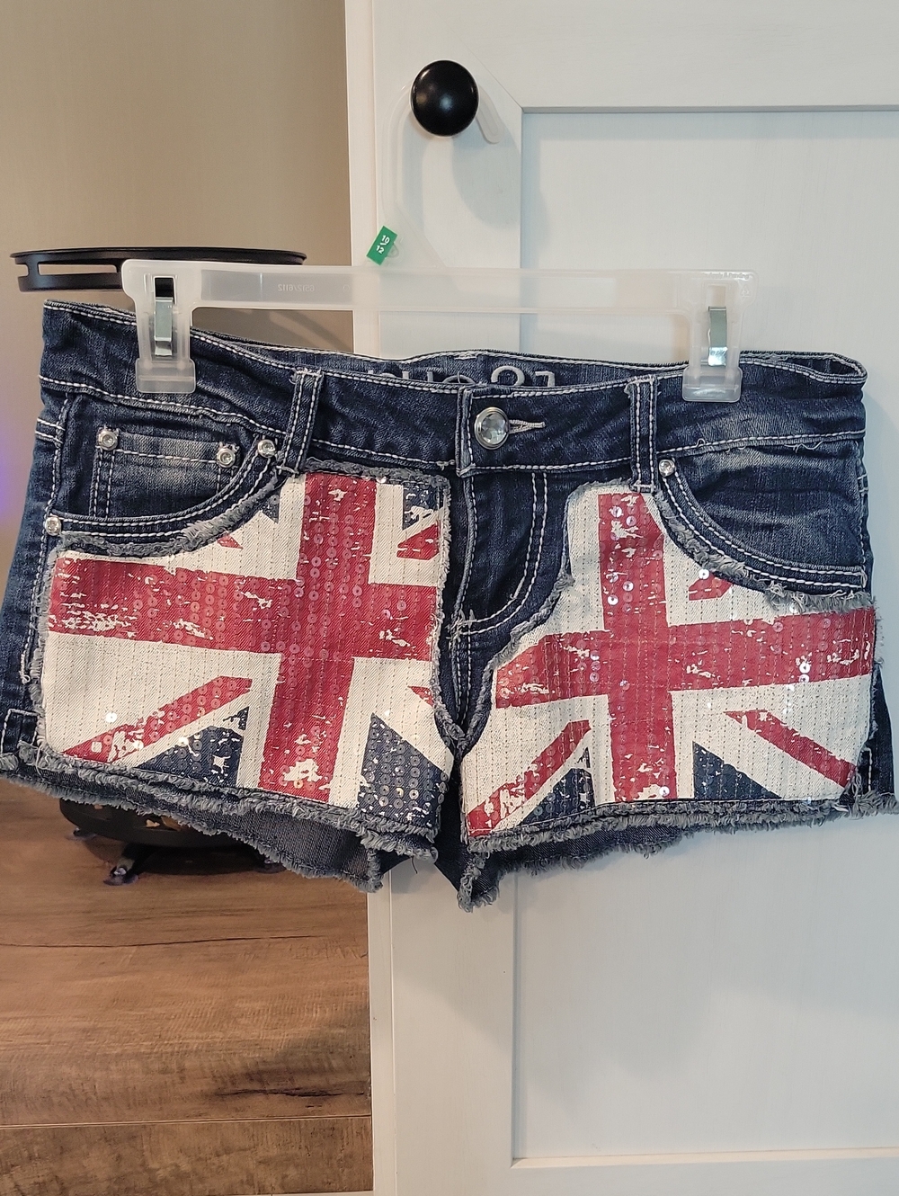 Rue21 Dark Blue Denim Shorts with Red & White Sequin Union Jack